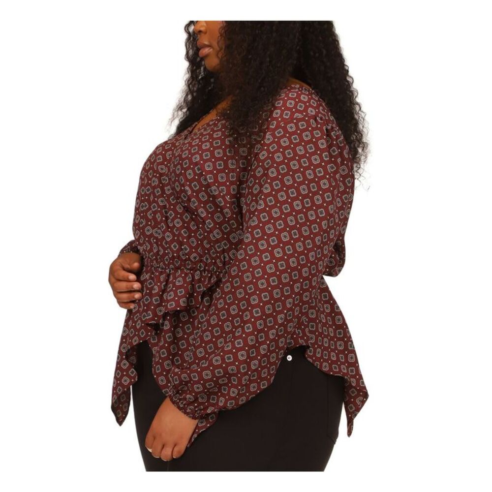 MICHAEL MICHAEL KORS Womens Burgundy Long Sleeve Faux Wrap Top Plus 1X - Picture 3 of 4